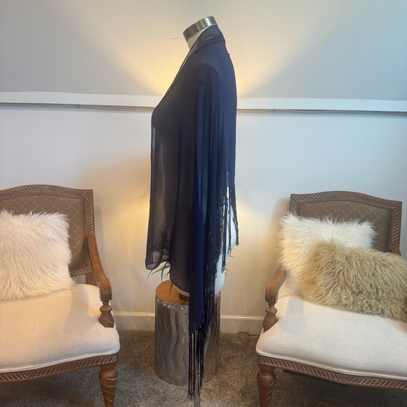 Elegant Navy Blue Sheer Shawl with Beaded Fringe Details - Picture 2 of 4